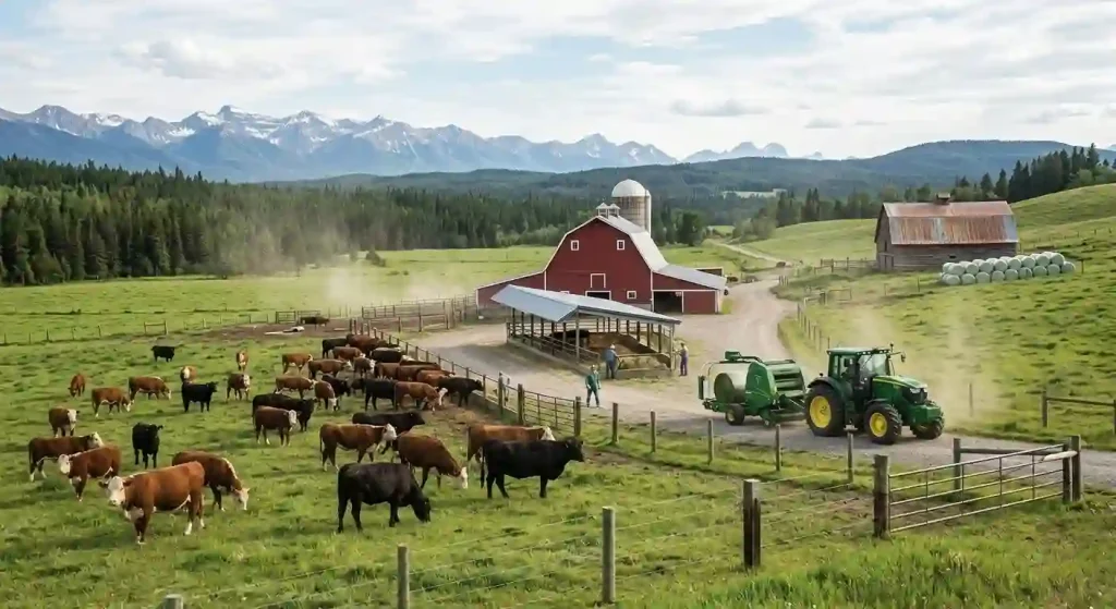 Image of round baling operations at a beef cattle ranch