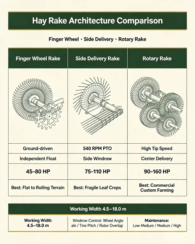 Hay Rake Architecture Comparison Finger Wheel · Side Delivery · Rotary Rake